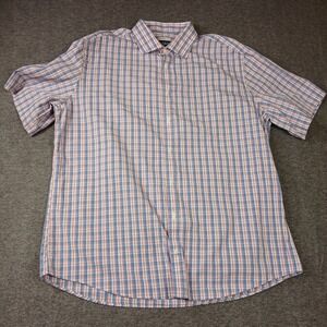 Jos. A. Bank Mens XL Tailored Fit Short Sleeve Plaid Cotton Shirt Blue